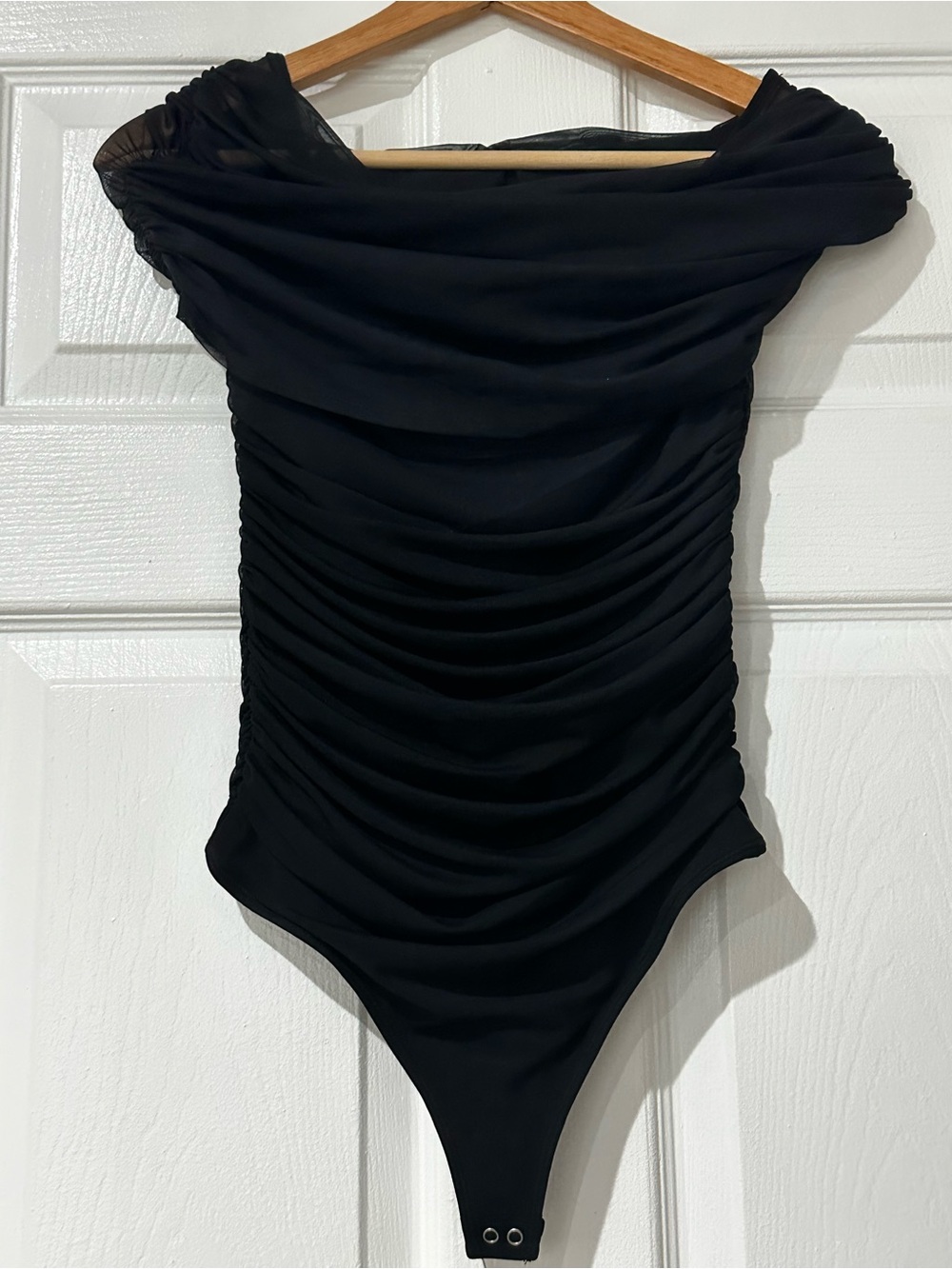 Black Ruched Off-Shoulder Bodysuit